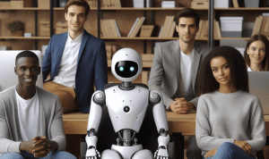 You already implemented AI. A group of 'employees' are gathered containing several humans, one robot and another that looks like simulated human.