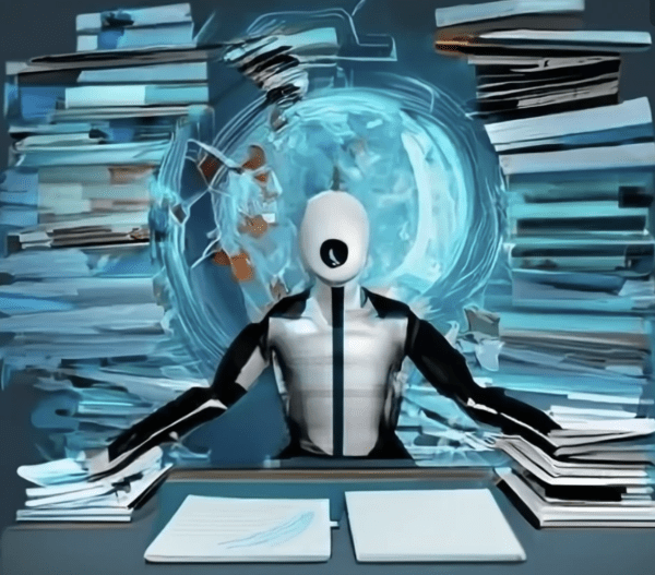 AI robot sits at a reception desk welcoming work colleagues to work.