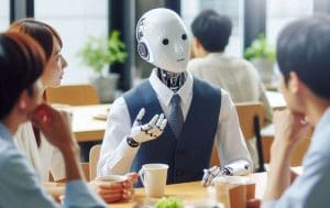 You need to govern AI like an employee. An AI bot wearing human clothes is having conversation with several humans whilst having lunch.