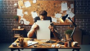 Turbocharge innovation with AI tools. A guy sat at an office desk holding open a a notepad revelaing a completely blank sheet. It represents that he has not been able to start writing or creating anything.