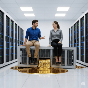Data Strategy. A make and female business leader are sitting on a data server which is leaking gold liquid,